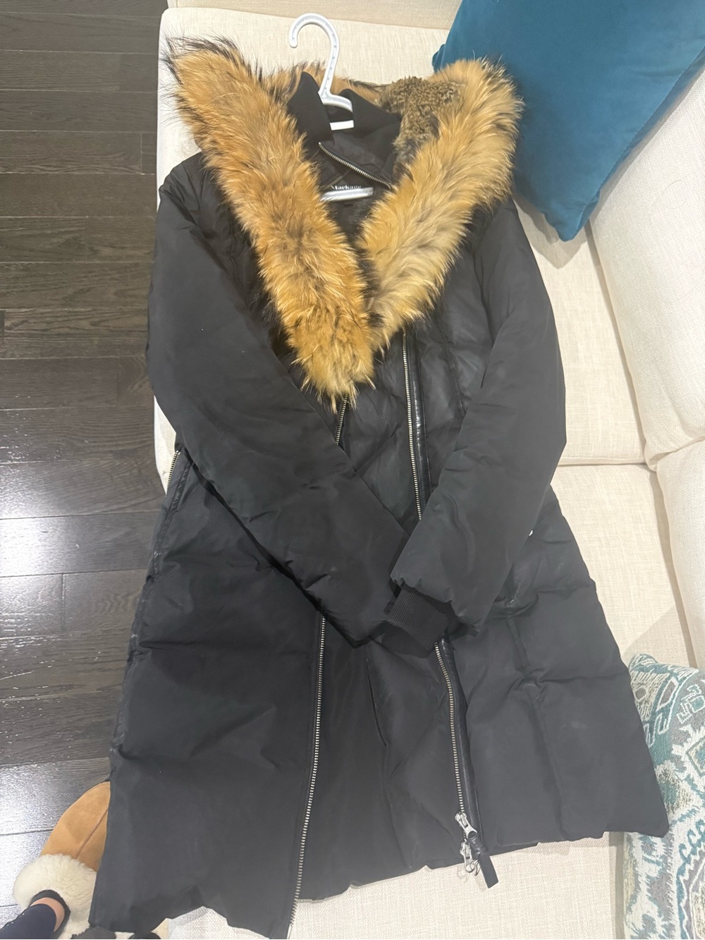 Mackage Black Puffer Coat with Tan Fur Trim